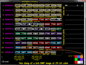 Excerpt of BMP file seen through hexadecimal representation of the bytes of the file. There are annotations to help you understand how certain bytes represent certain information (all based on the BMP format specification -- the recipe.). Borrowed from URL: https://engineering.purdue.edu/ece264/15au/hwimages.